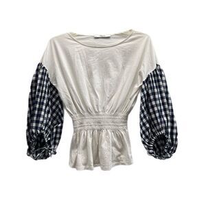 Uterque Top Size Small White Smocked Waist Gingham Bishop Sleeves